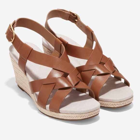 Cole Haan Brown Wedge Sandals Leather Espadrille Crystal NEW Sz 10 Buckle - Picture 1 of 11
